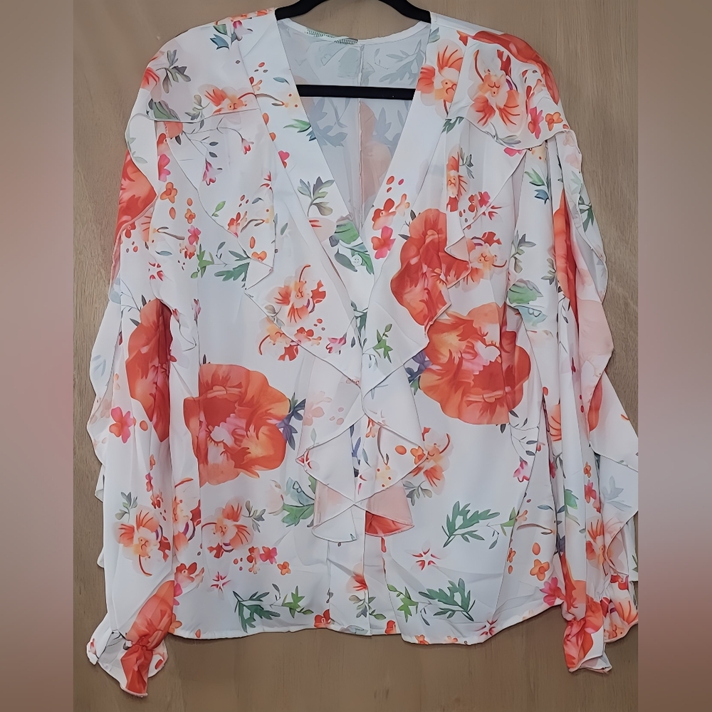 Chiffon Floral Ruffle Long Sleeve V-Neck Blouse • NWOT